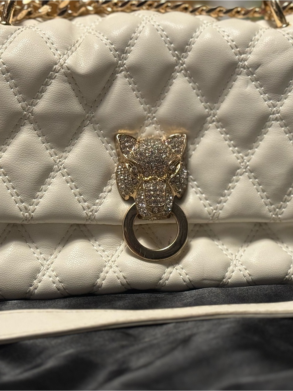 Quilted White Leather Shoulder Bag with Crystal Cat Accent (ALDO)
